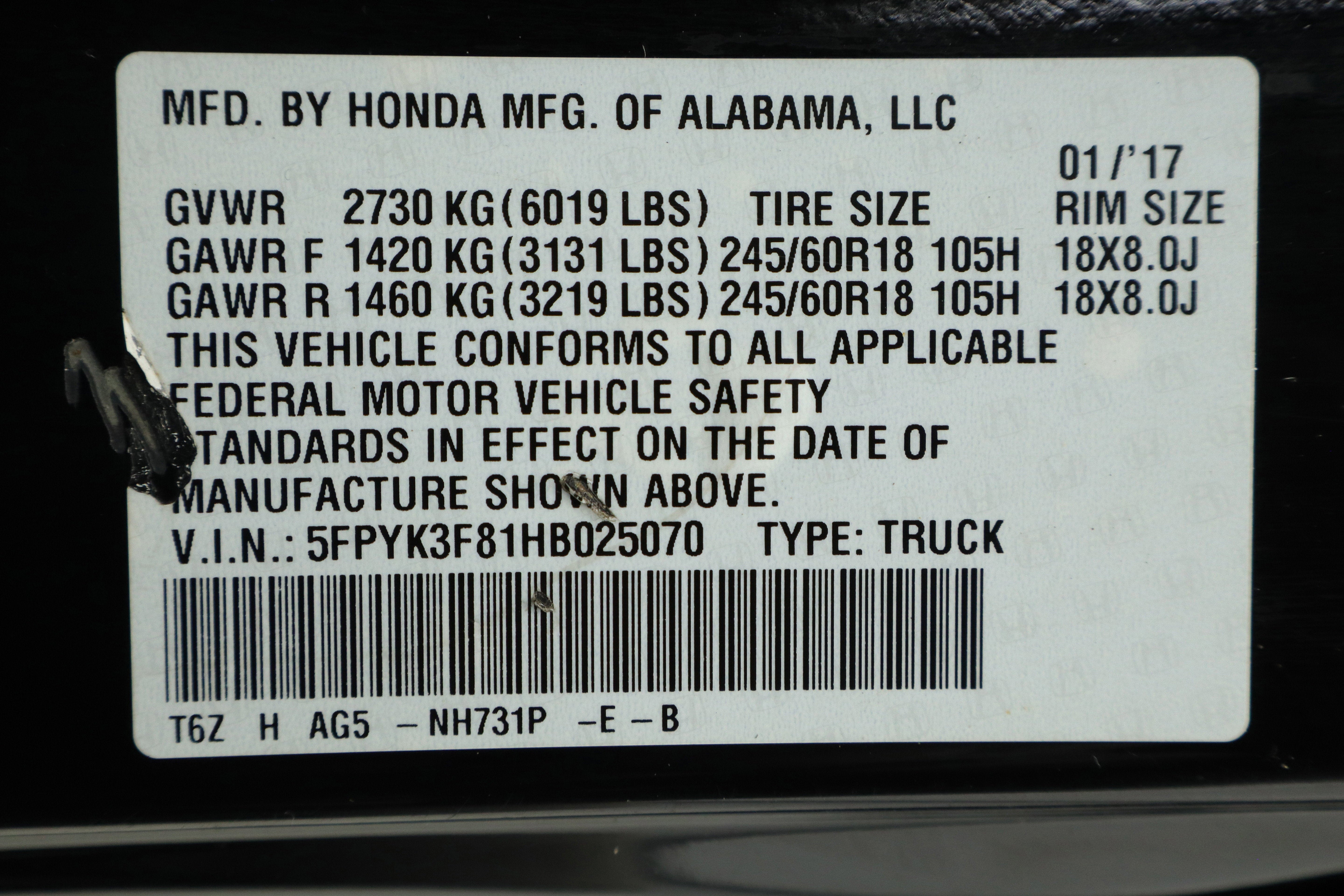 2017 Honda Ridgeline Black Edition